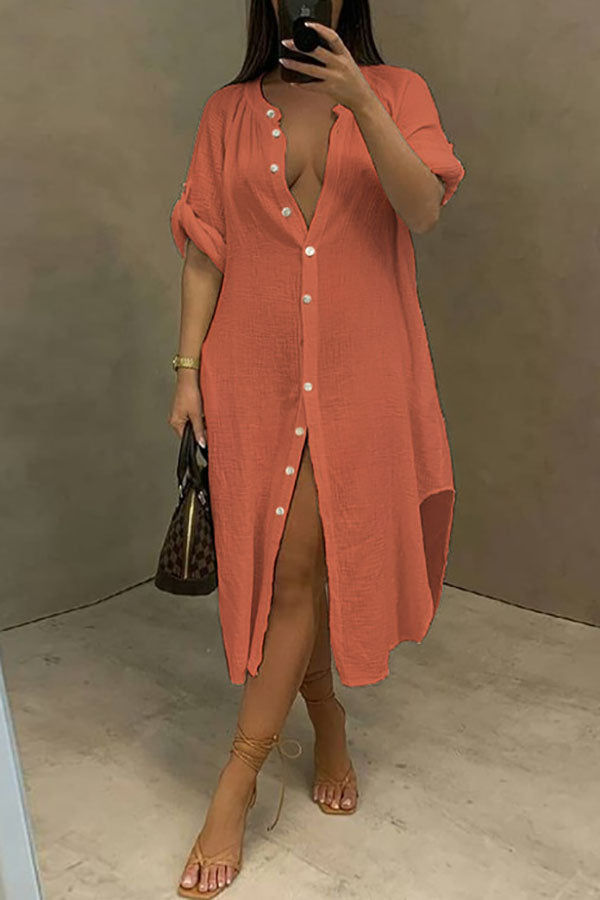 storexq Solid Color Casual Single Breasted Midi Dress