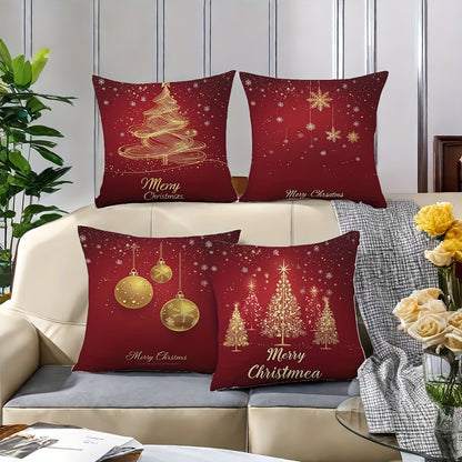 4-Piece Set of Christmas Pillows, 17.2"x17.2" each, Red Christmas Tree & Ornament Print, Zipper Closure, Soft Polyester Fiber, Contemporary Style, Machine Washable, Living Room Sofa Decor