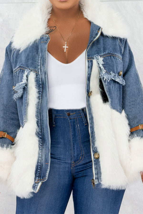 storexq Faux Fur Patchwork Casual Denim Coat