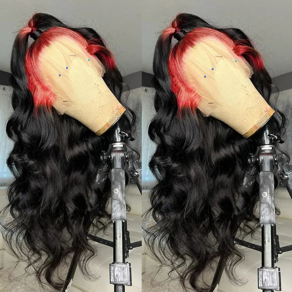 34 Inches Perivian HD Lace Front Wig Red Ombre Black Body Wave Lace Frontal Wig Colored Highlight Wig Synthetic Preplucked