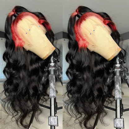 34 Inches Perivian HD Lace Front Wig Red Ombre Black Body Wave Lace Frontal Wig Colored Highlight Wig Synthetic Preplucked