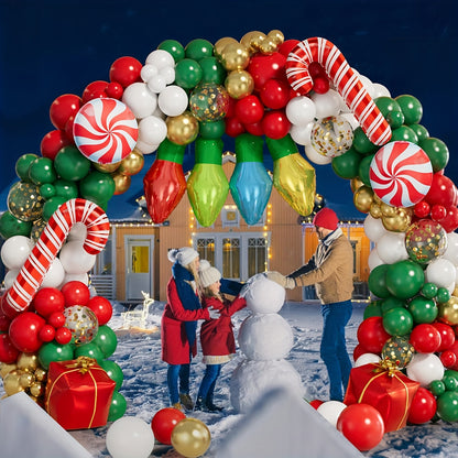 125pcs Christmas Balloon Garland Kit - Festive Red, Green & Golden Latex with Light Bulb & Candy Accents for Holiday Parties and New Year's Eve Decorations