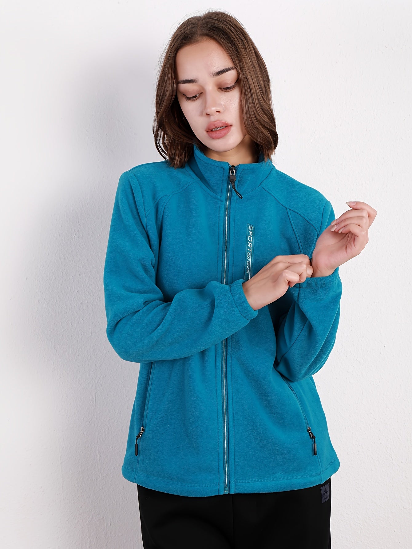 Cozy Embroidered Fleece Jacket for Women - Warm, Windproof, and Water-Resistant with Zip Pockets, Stand Collar, and Long Sleeves for All Seasons - 330g 100% Polyester Solid Knit Fabric