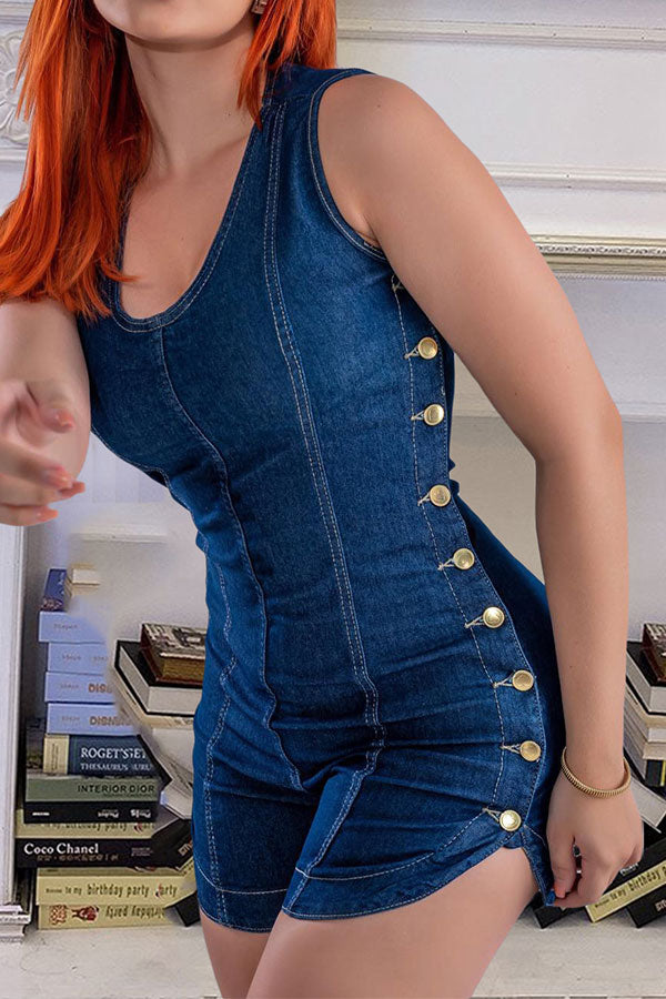 storexq Solid Color Simple Denim Romper