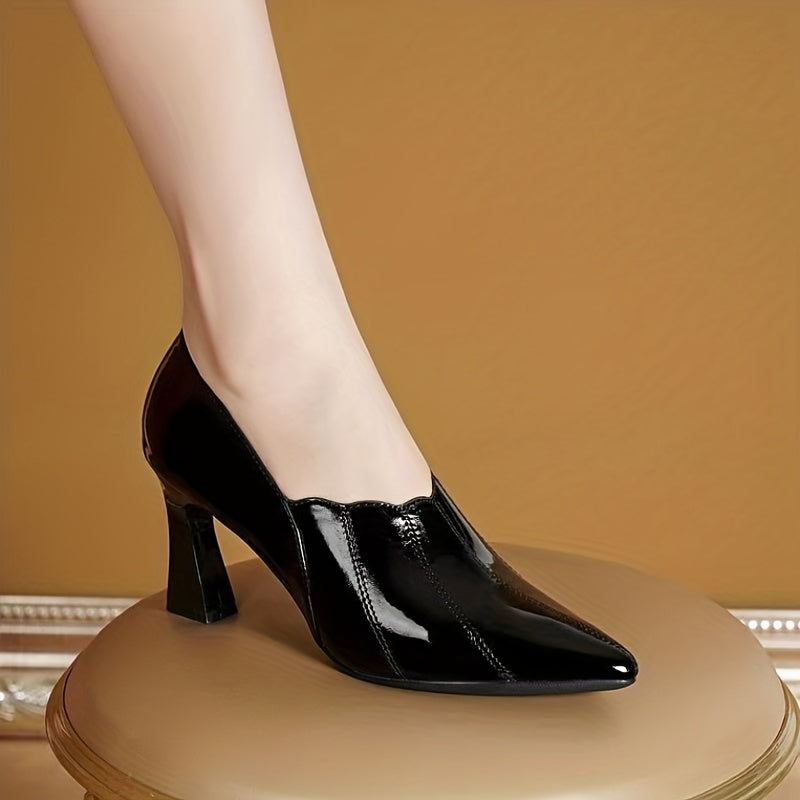 Elegant All-Season Pumps: Pointed Toe, Breathable Comfort, Slip-On, Mid-Heel, Glossy Patent Leather