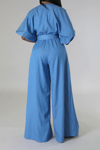 storexq Solid Color Pretty Belted Wide Leg Jumpsuit