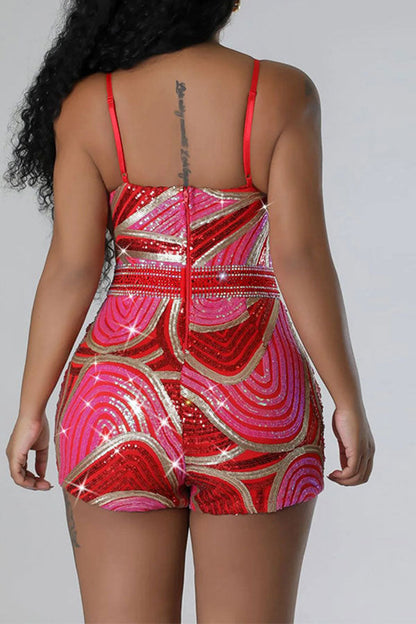 storexq Hit Color Sequined Festive Spaghetti Strap Romper