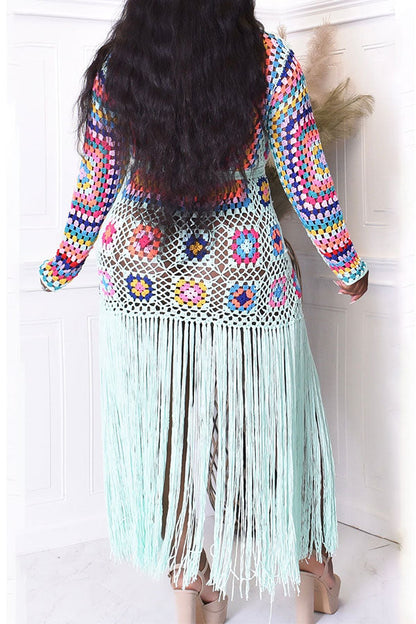 namcoverse Colorful Geometric Crochet Belted Tassel Cardigan