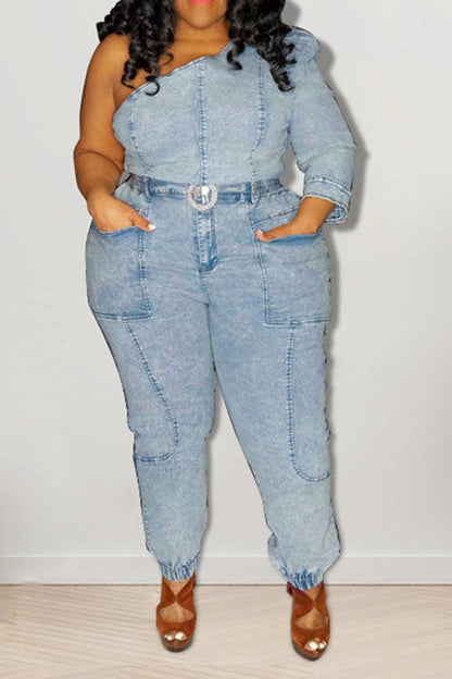 storexq Solid Color Cool One Shoulder Denim Pant Suit