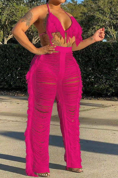 storexq Solid Color Romantic Ripped Tassels Knitted Pant Suit Beachwear