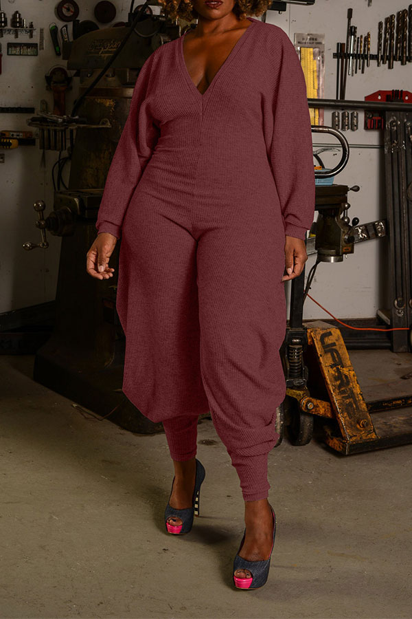 storexq Solid Color V Neck On-trend Jumpsuit