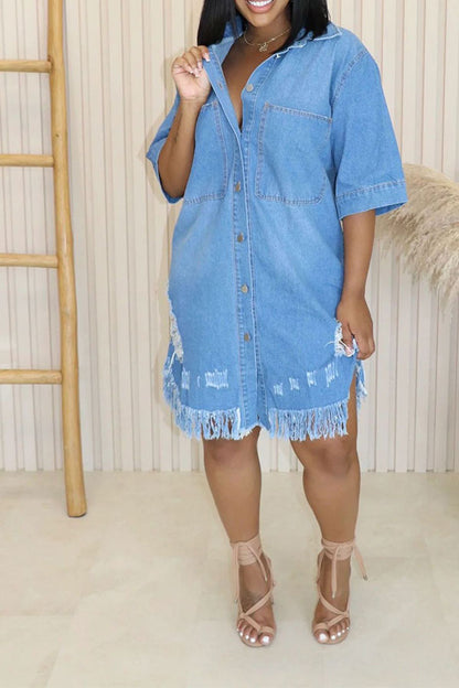 storexq Ripped Denim Relaxed Pocket Button Midi Dress