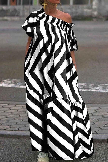 storexq Color Block Zig Zag Urban Ruffle Hem Maxi Dress