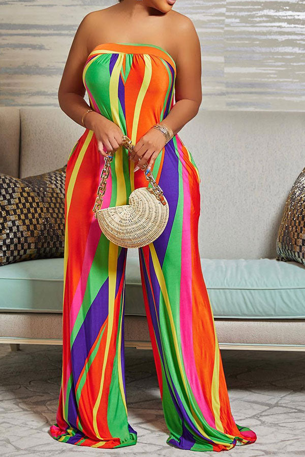 storexq Colorful Striped Tie Back Wide Leg Jumpsuit