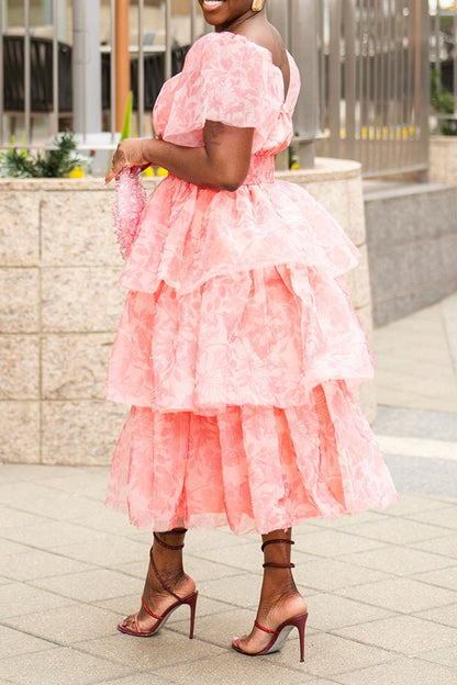 storexq Tulle Floral Print Sweet Tiered Ruffles Midi Dress