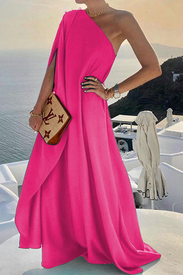 storexq Solid Color Chic One Shoulder Flowy Maxi Dress