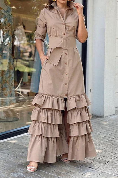 storexq Solid Color Pretty Belted Tiered Ruffle Maxi Dress