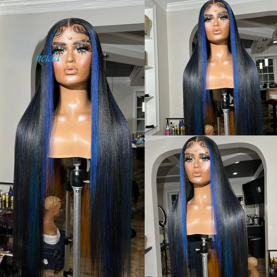 Blue Ombre Human Hair Wigs 13x4 Transparent Lace Frontal Wig Brazilian Body Wave Lace Front Wig Straight Synthetic Closure Wig