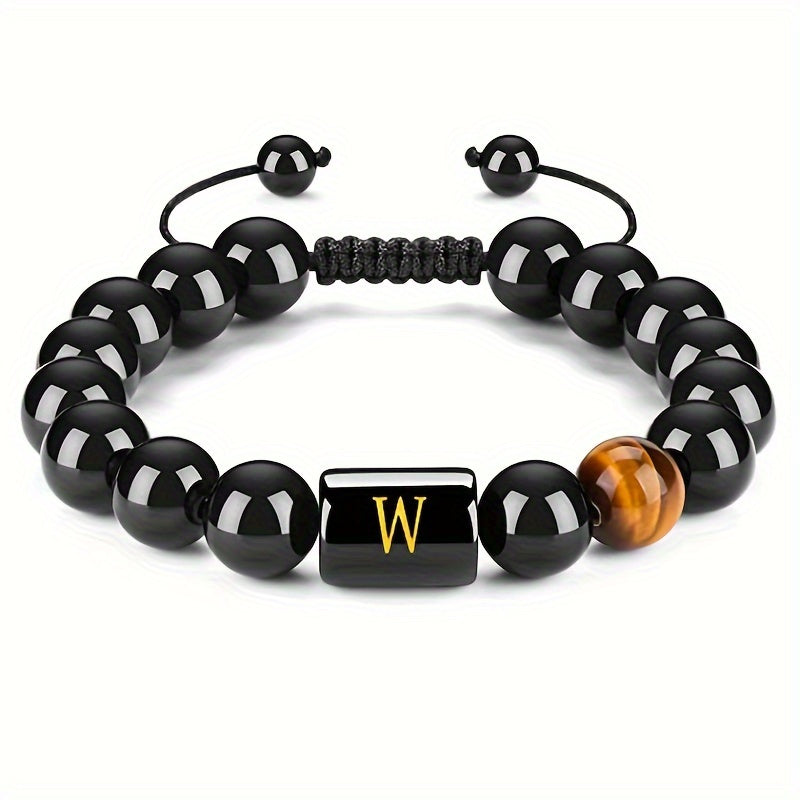 1pc Stunning 26-Letter 10MM Synthetic Stone Bead Adjustable Rope Chain Woven Bracelet - Fashionable Accessory for Men and Women - Ideal Gift for Friends and Family - Durable and Comfortable to Wear