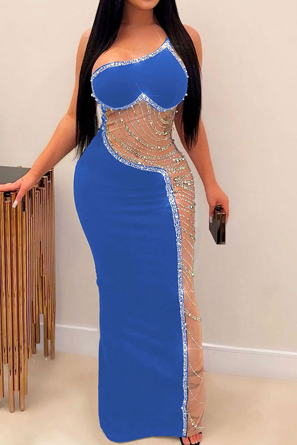 namcoverse Rhinestone Trim Rocking Mesh Patchwork Maxi Dress