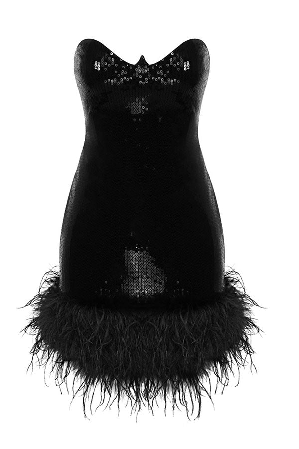 storexq Sequined Glamorous Feather Hem Mini Dress