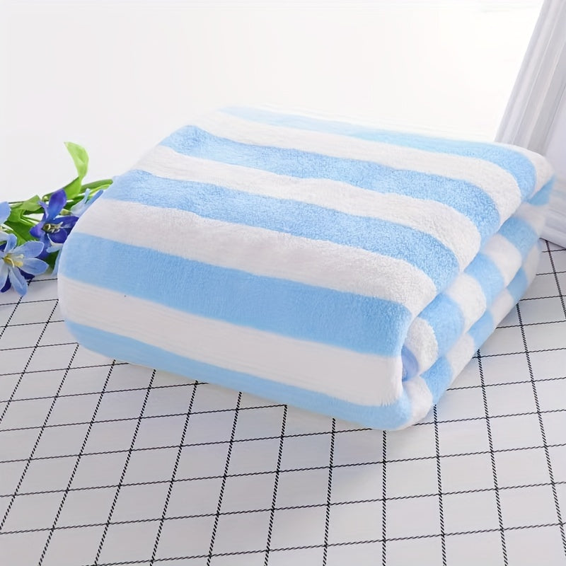 Striped Soft Absorbent Towel Set, Fast Drying Coral Fleece Bath and Hand Towels, Polyester Blend Terrycloth Knit Fabric, 320 GSM - Pack of Bath and Face Towels