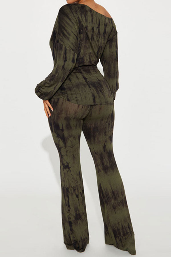 storexq Splash Ink Print Slash Neck Modern Ruched Pant Suit