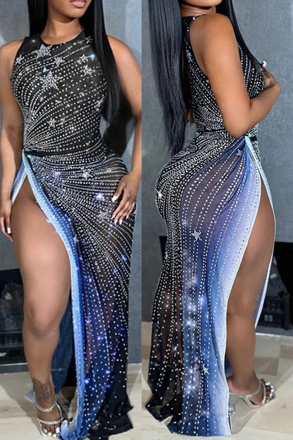 namcoverse Rhinestone Party High Split See-Through Gradient Maxi Dress