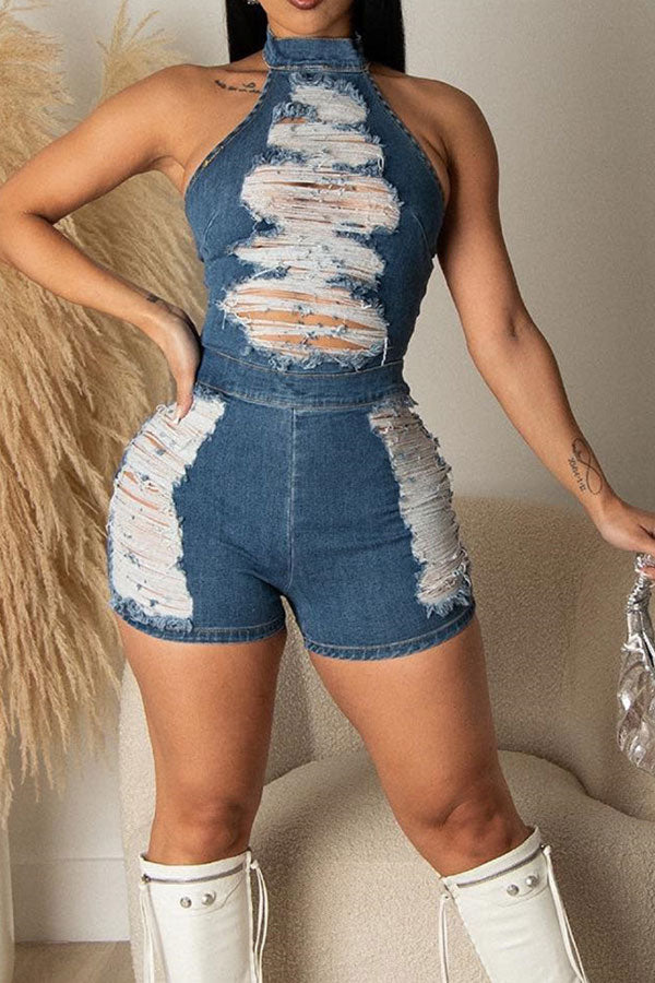 storexq Ripped Modern Halter Collar Denim Romper