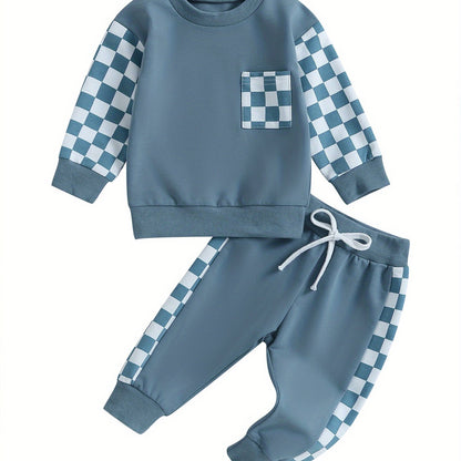 Toddler Boys Fall Outfits Checkerboard Patchwork Crew Neck Long Sleeve Sweatshirts and Elastic Waist Long Pants Set 2Pcs Winter Clothes