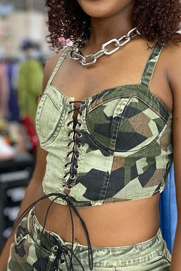 storexq Color Block Camouflage Urban Strappy Camisole