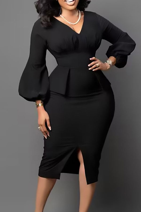 namcoverse Solid Color Elegant High Split Puff Sleeve Midi Dress