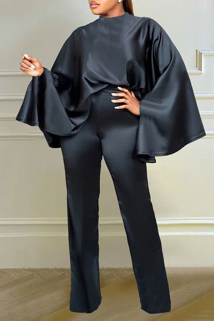 storexq Solid Color Batwing Sleeve Rocking Flowy Pant Suit