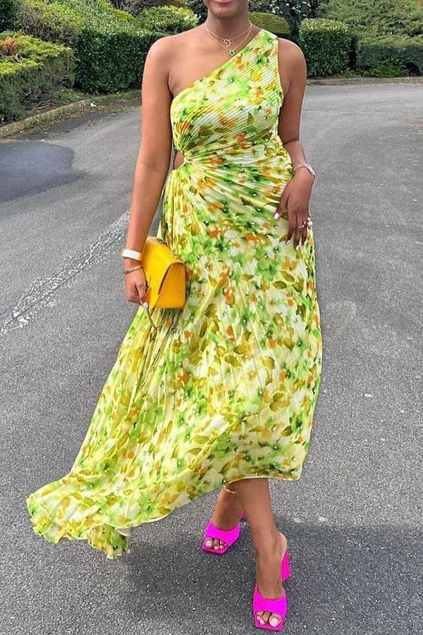 storexq Floral Print Glamorous Asymmetric Pleated Midi Dress