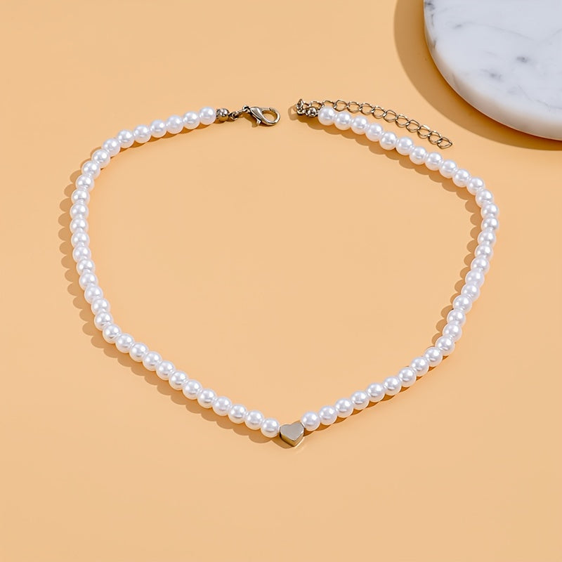 1pc Simple Love Decor Faux-Pearl Choker Necklace, Elegant Style Imitation Pearl Collar Necklace, Evening Jewelry