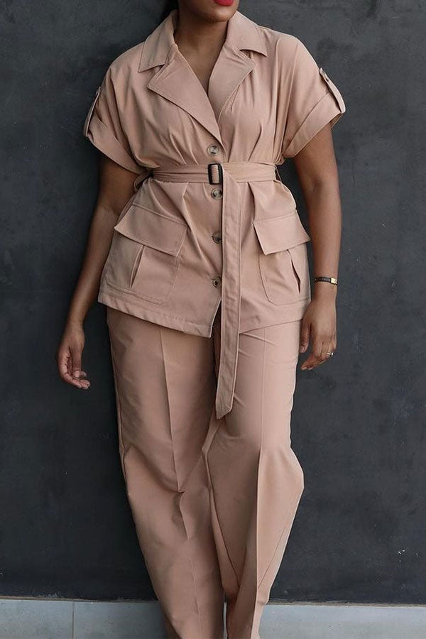 storexq Solid Color Casual Belted Wide Leg Pant Suit