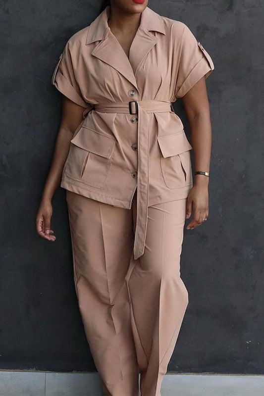 storexq Solid Color Casual Belted Wide Leg Pant Suit