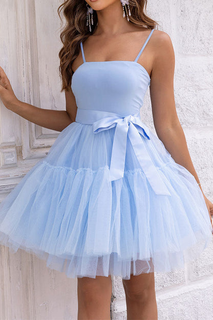 storexq Solid Color Pretty Lace-Up Tulle Bubble Mini Dress