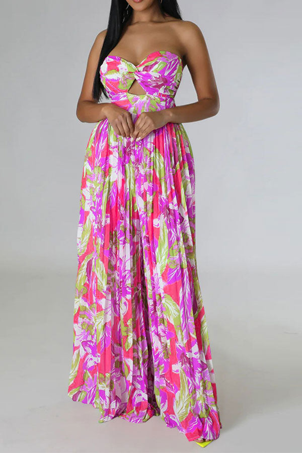 storexq Floral Print Twisted Detail On-trend Pleated Jumpsuit