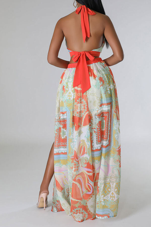 storexq Tribal Print Hot Cutout High Split Maxi Dress