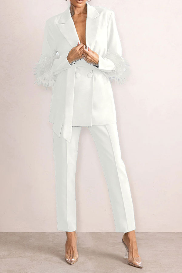 storexq Solid Color Feather Trim Elegant Belted Pant Suit