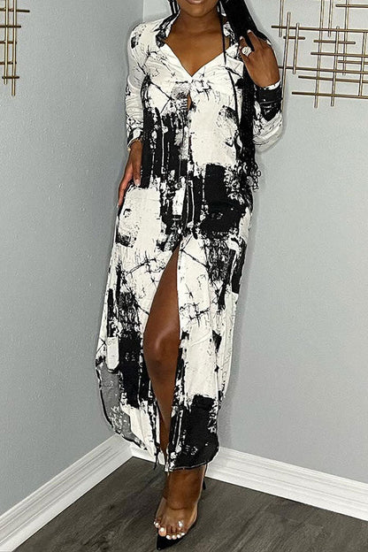 storexq Abstract Ink Print Cozy Side Split Midi Dress