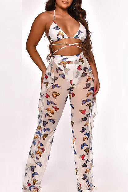 storexq Butterfly Print Mesh Elegant High Waist Bikini & Pants