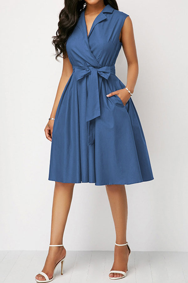 storexq Solid Color Notched Lapel Urban Belted Midi Dress