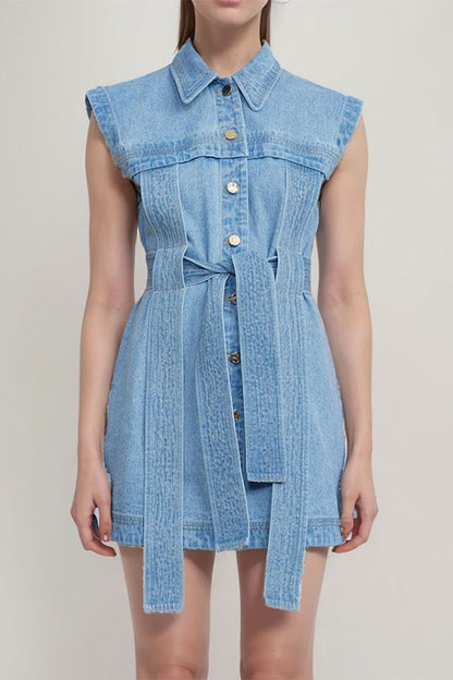 storexq Washed Denim Stylish Ribbons Belted Mini Dress