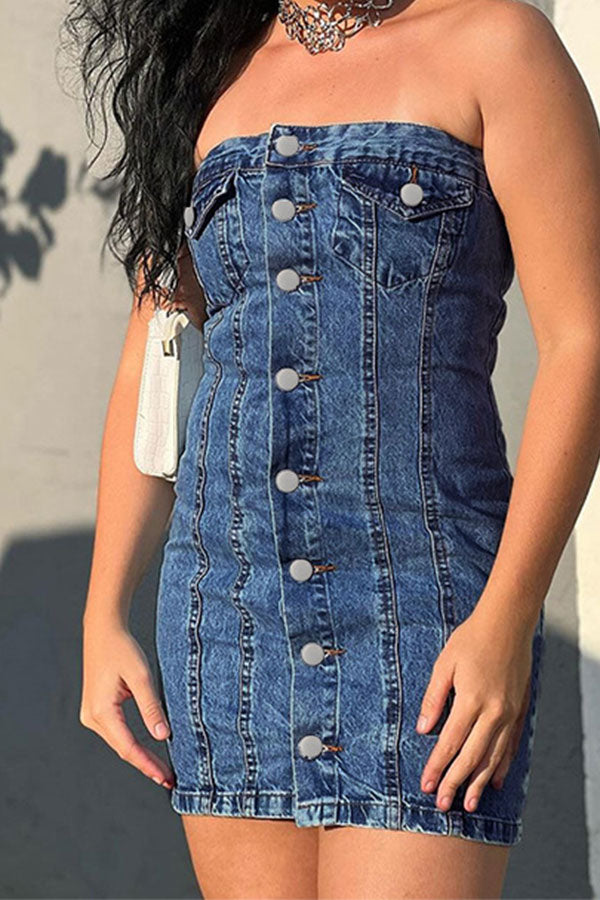 namcoverse Washed Denim On-trend Bandeau Mini Dress