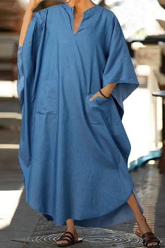 storexq Solid Color Simple Patch Pocket Denim Maxi Dress