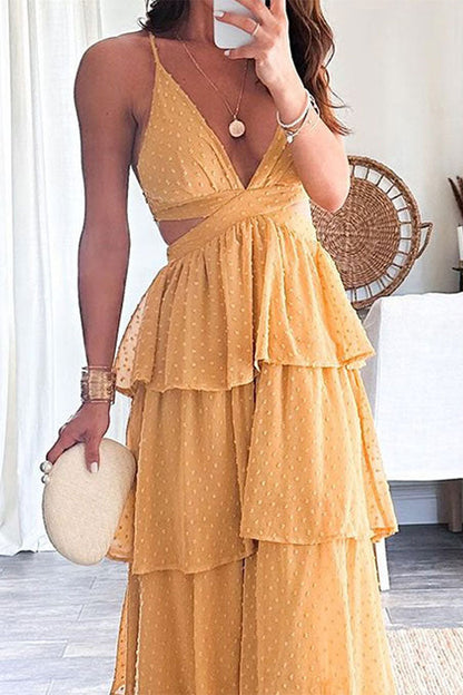 storexq Solid Color Sweet Cutout Tiered Maxi Dress