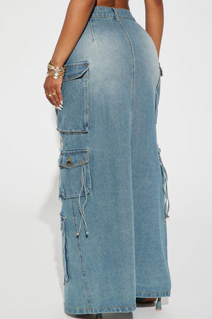 storexq Ripped Stylish Multi Pocket High Split Washed Gradient Denim Skirt