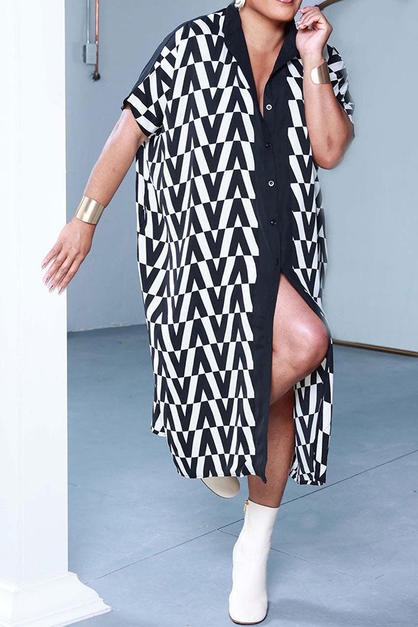 storexq Chevron Print Patchwork Simple Single Breasted Midi Dress